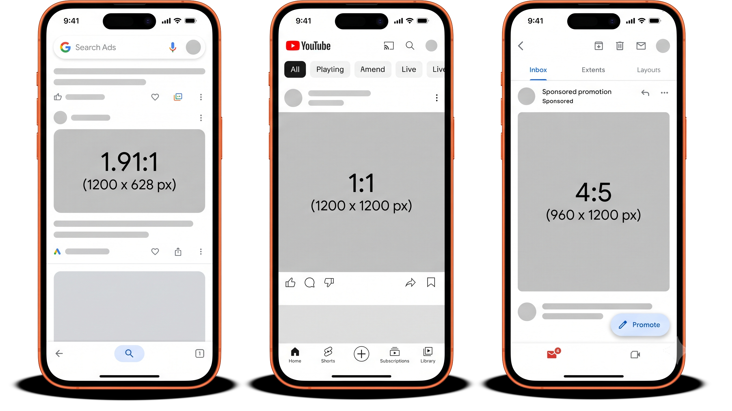 Performance Max still image formats showing 1.91:1 landscape on Google Search, 1:1 square on YouTube feed, and 4:5 portrait on Gmail - with recommended pixel dimensions