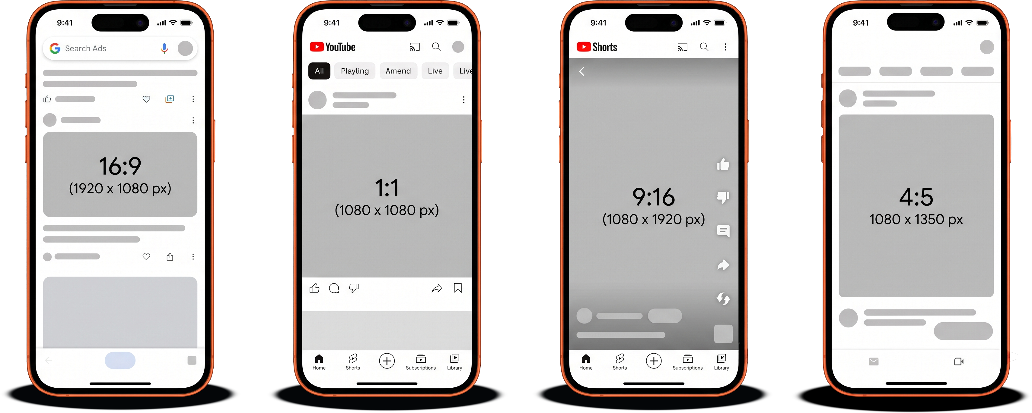 Performance Max video formats: 16:9 landscape at 1920x1080px on Google Search feed, 1:1 square at 1080x1080px on YouTube feed, 9:16 vertical at 1080x1920px on YouTube Shorts, and 4:5 portrait at 1080x1350px on Discover